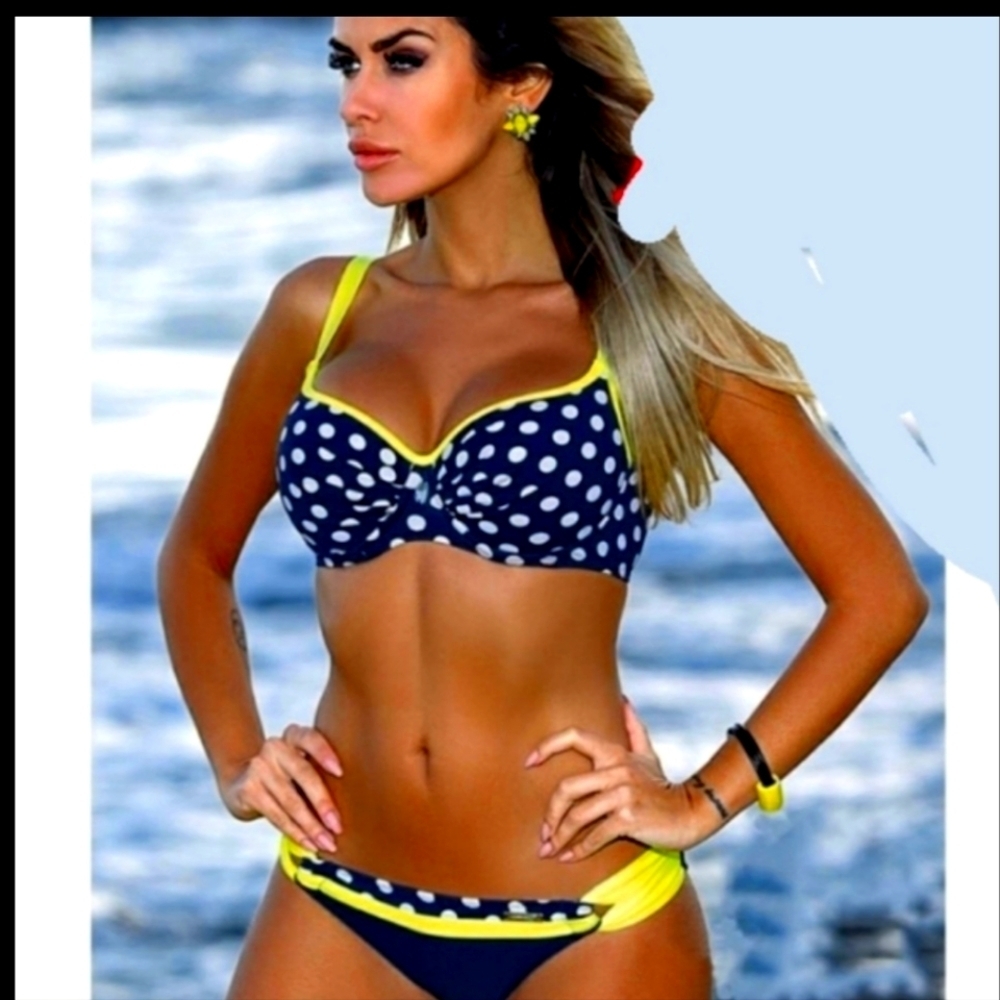 NEW Navy White Polka Dot Bikini Nautical Summer Coastal Pool Classic Vintage